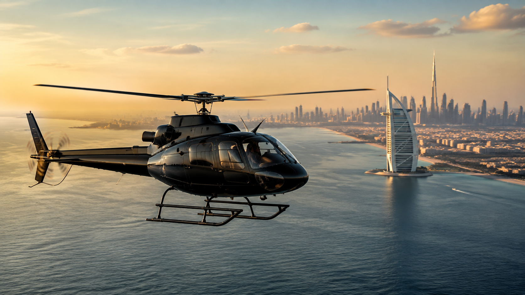 Black Airbus H125 helicopter flying above Dubai’s coastline at golden hour